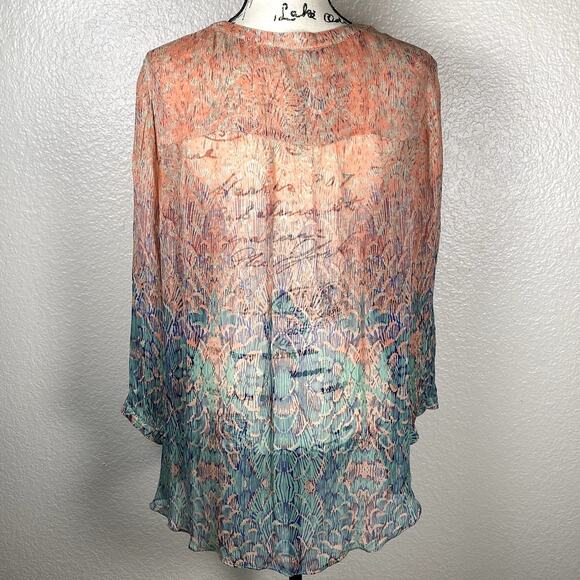 Lucky Brand Sz XL Sheer Long Sleeve V-Neck Tunic Ombre Pink to Blue Coverup Boho - Picture 2 of 10